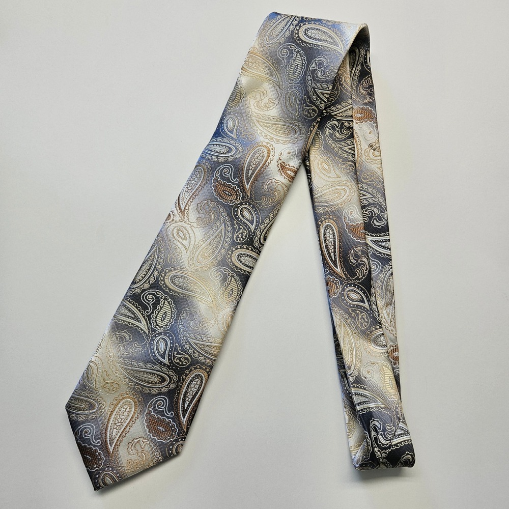 Stacy Adams Mens Paisley Necktie Grey Silver Gold Brown Microfiber Hand Made Tie